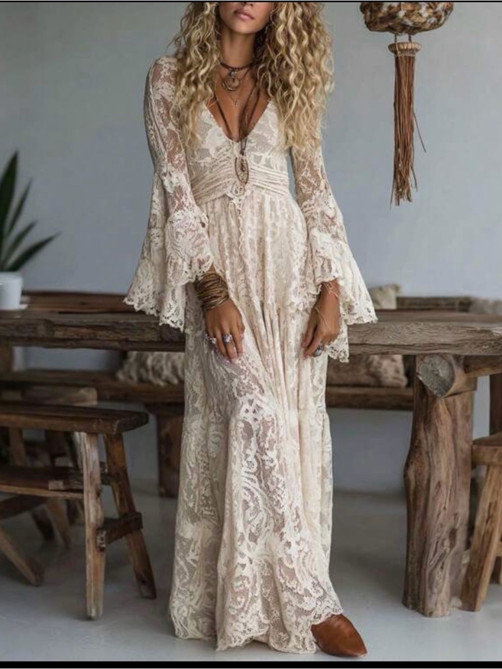 BOHO Costume Women's Black Lace Long Sleeve Maxi Dress - perfect for Halloween 👻 - Picture 5 of 8